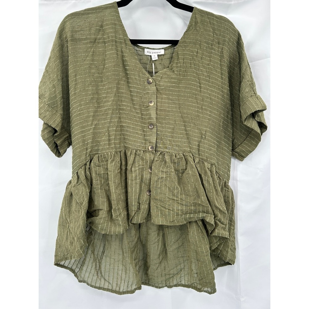 blu pepper Women's Olive Green M Peplum V-Neck Striped Rayon Blouse Top Boho